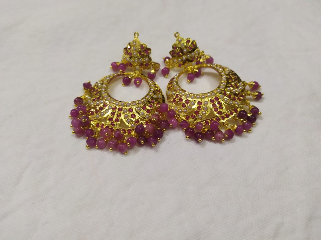 Gold Plated Jadau Earings with Red white Pearls