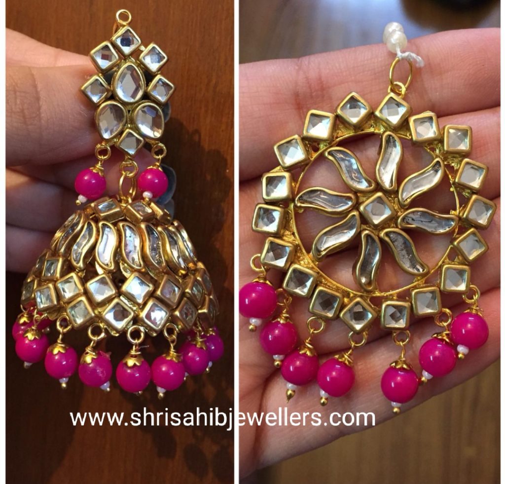 Trendy Style Light Weight Pink Kundan Jumki with Tikka For Royal People/shrisahibjewellers