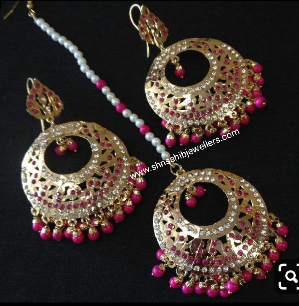 Buy Online Pink White Jadau Earrings with Mang Tikka For Royal People/shrisahibjewellers