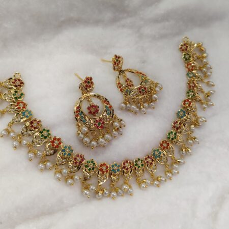 Light weight Navratan Jadau Necklace Set