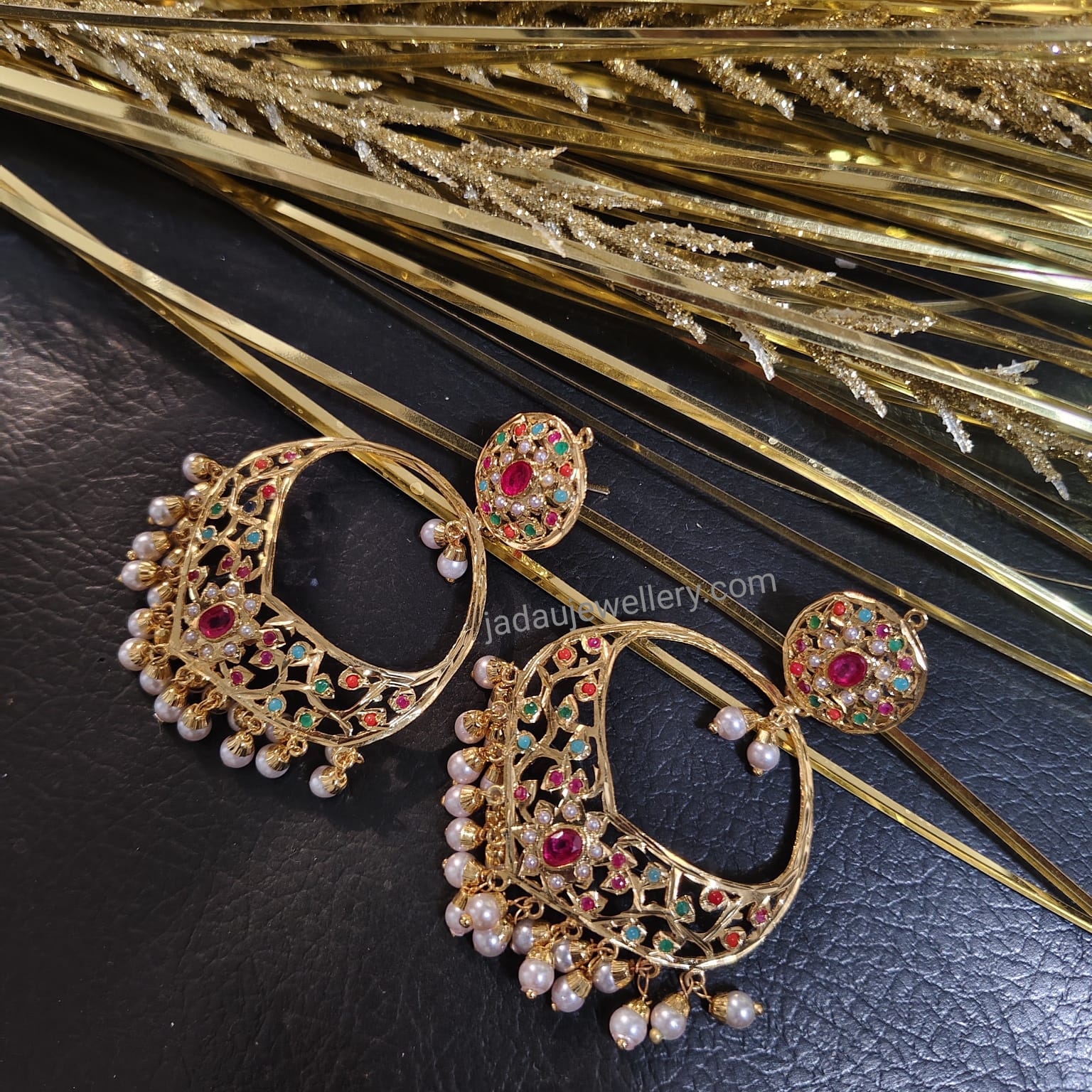 Navratan Jadau Chand Bali Earrings