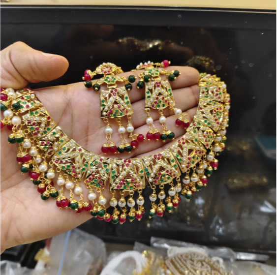 Ruby Green Jadau navratan Necklace Set