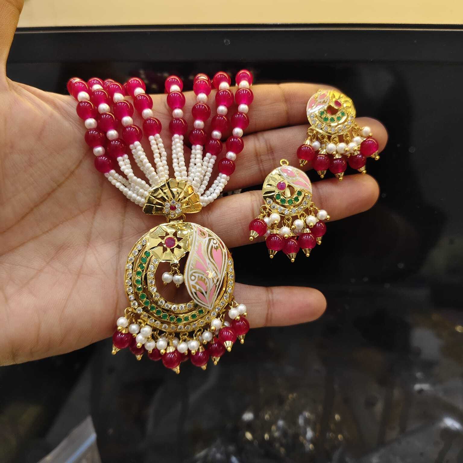 Ruby Pink Jadau Choker Set with earrning